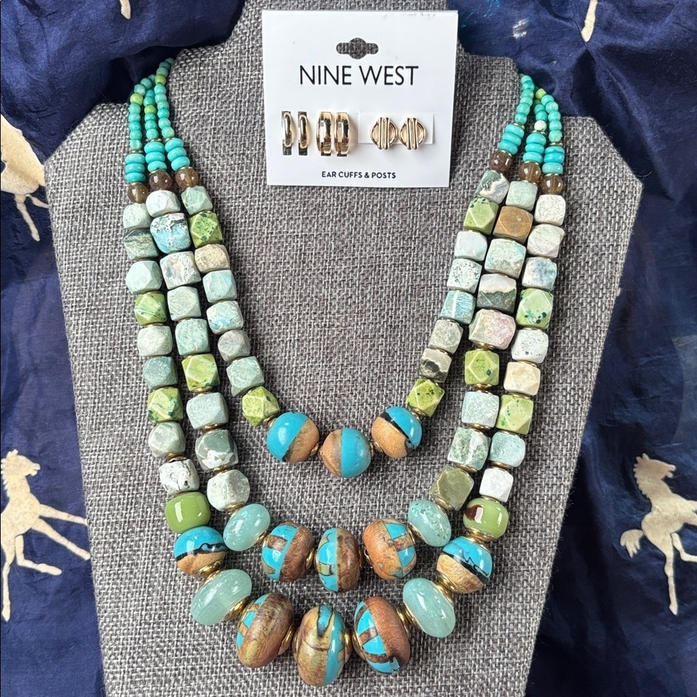Vintage Navajo Green Turquoise Beaded Multi-Strand Necklace & Nine West Earrings